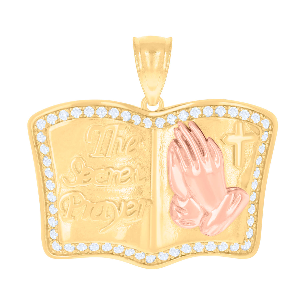 14kt Two-tone Gold Unisex Cubic-Zirconia The Secret Prayer Book Praying Hands Symbol Religious Charm Pendant
