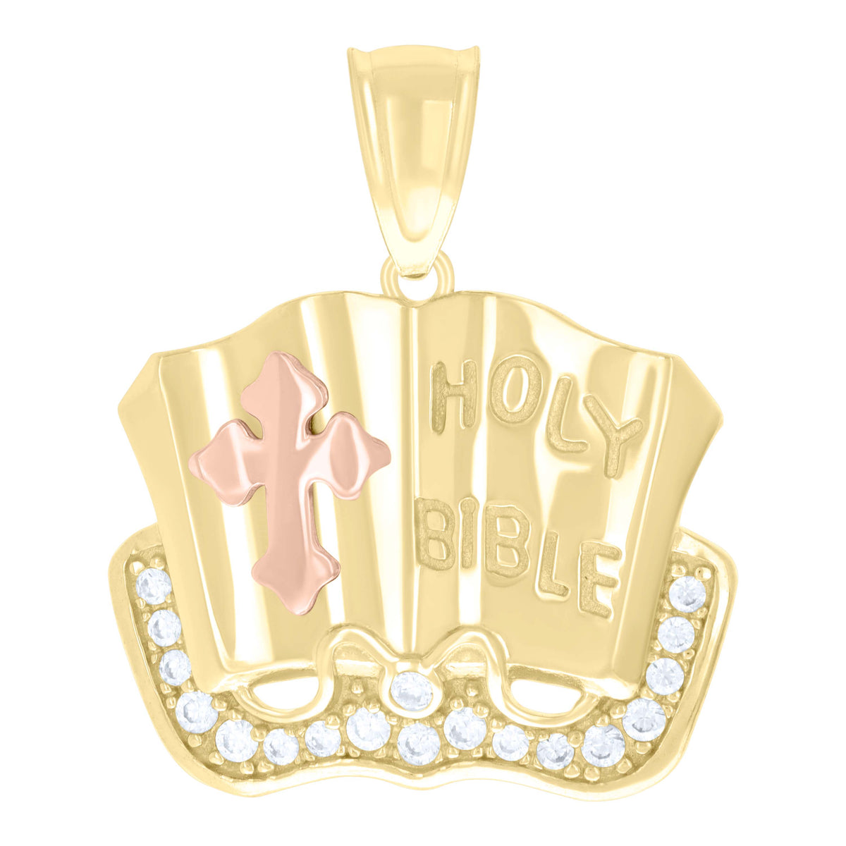 10kt Tri-Color Gold Unisex Cubic-Zirconia Holy Bible Holy Book Symbol Religious Charm Pendant