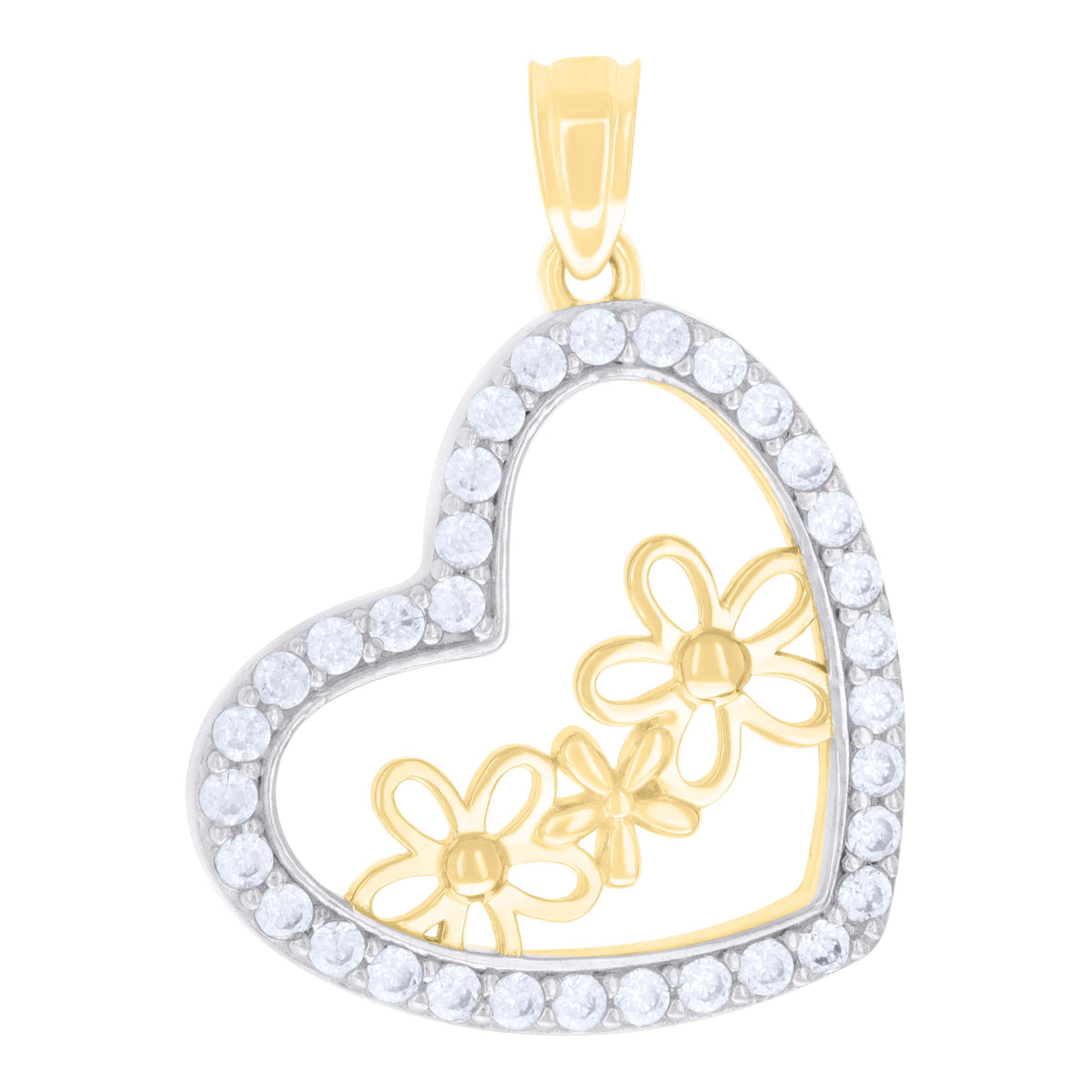 10kt Two-tone Gold Womens Cubic-Zirconia Flowers Heart Charm Pendant