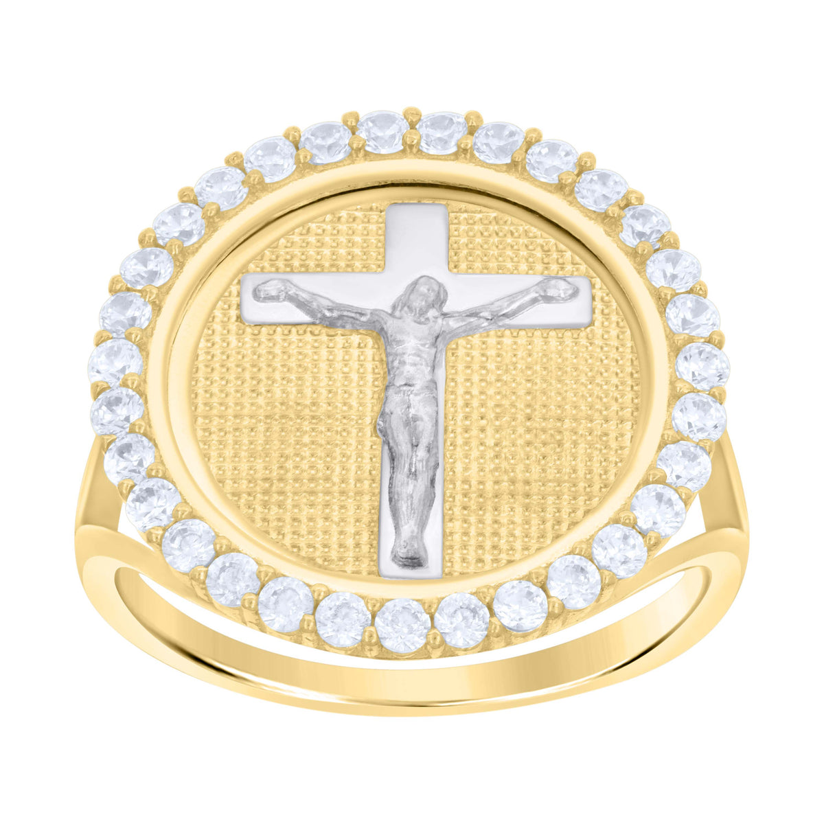 10kt Two-tone Gold Womens Cubic-Zirconia Crucifix Cross Religious Ring