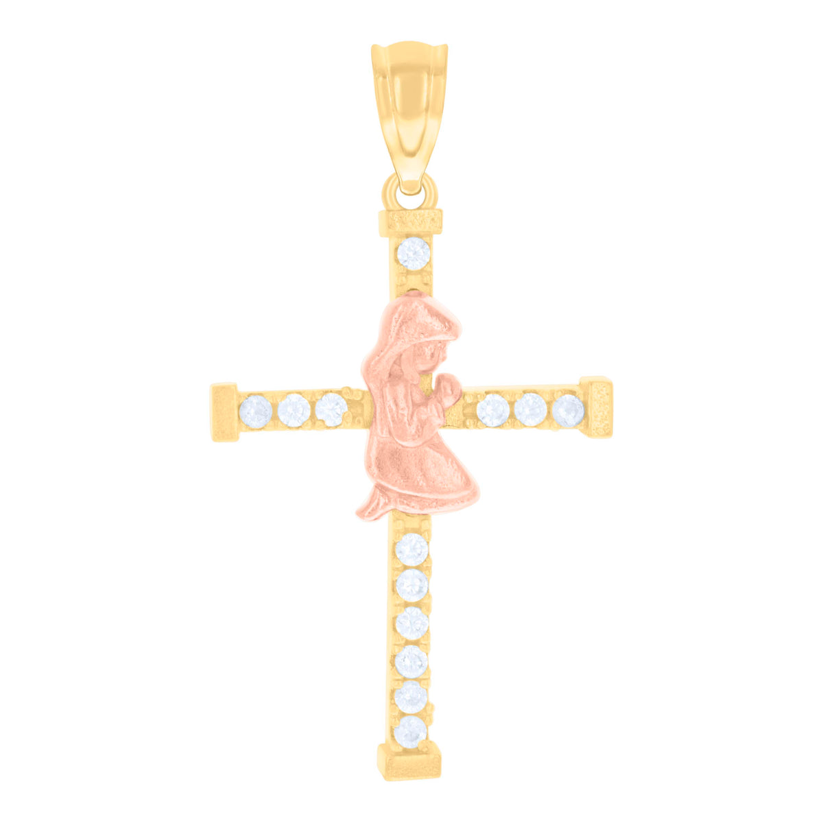 14kt Two-tone Gold Womens Cubic-Zirconia Girl On Cross Religious Charm Pendant