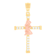 14kt Two-tone Gold Womens Cubic-Zirconia Girl On Cross Religious Charm Pendant