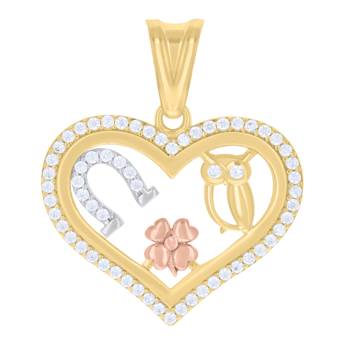 14kt Tri-Color Gold Womens Cubic-Zirconia Clover Horse Shoe Owl Good Luck Heart Charm Pendant