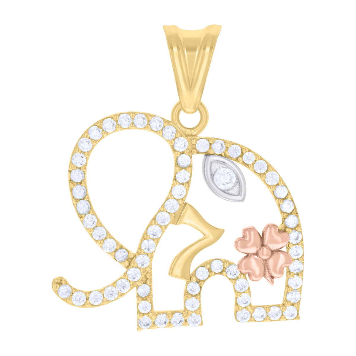 10kt Tri-Color Gold Womens Cubic-Zirconia Elephant Evil Eye 7 Clover Good Luck Charm Pendant