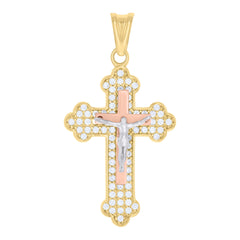 10kt Tri-Color Gold Womens Cubic-Zirconia Crucifix Cross Religious Charm Pendant
