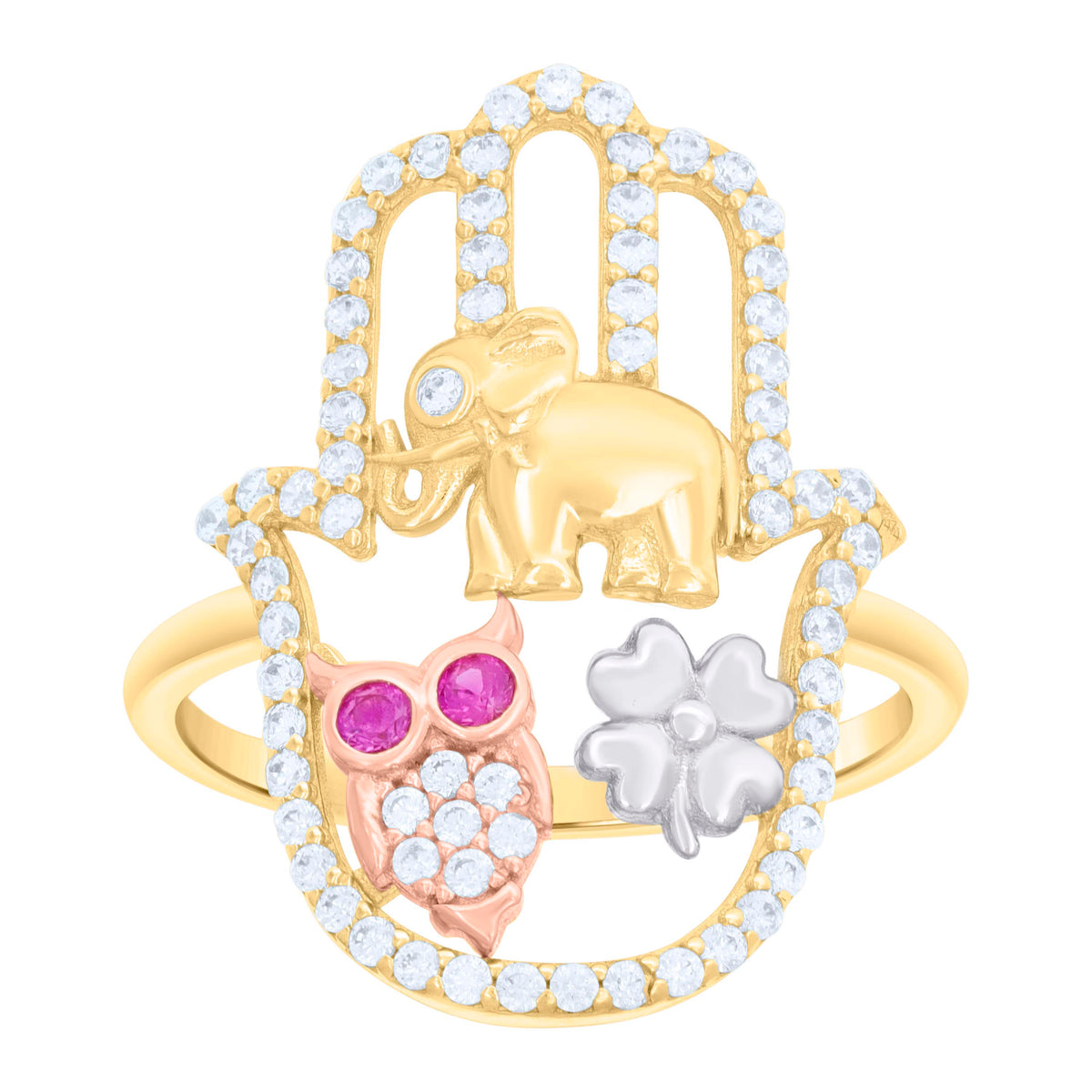 10kt Tri-Color Gold Womens Pink White Cubic-Zirconia Elephant Owl Clover Hamsa Good Luck Symbol Religious Ring