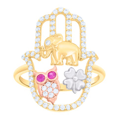 10kt Tri-Color Gold Womens Pink White Cubic-Zirconia Elephant Owl Clover Hamsa Good Luck Symbol Religious Ring