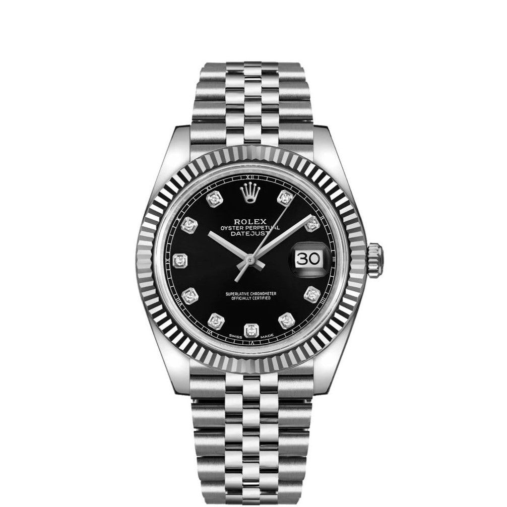 Rolex Datejust 41mm 18k White Gold Fluted Bezel Black Diamond Dial Jubilee Stainless Steel Watch 126334