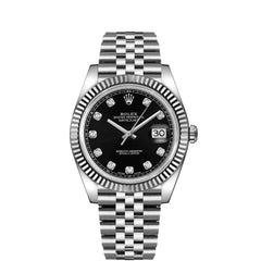 Rolex Datejust 41mm 18k White Gold Fluted Bezel Black Diamond Dial Jubilee Stainless Steel Watch 126334