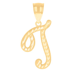 10kt Yellow Gold Unisex Initial T Script Alphabet Charm Pendant