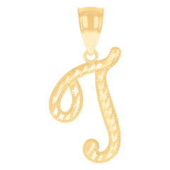 14kt Yellow Gold Unisex Diamond-cut Initial Alphabet T Charm Pendant