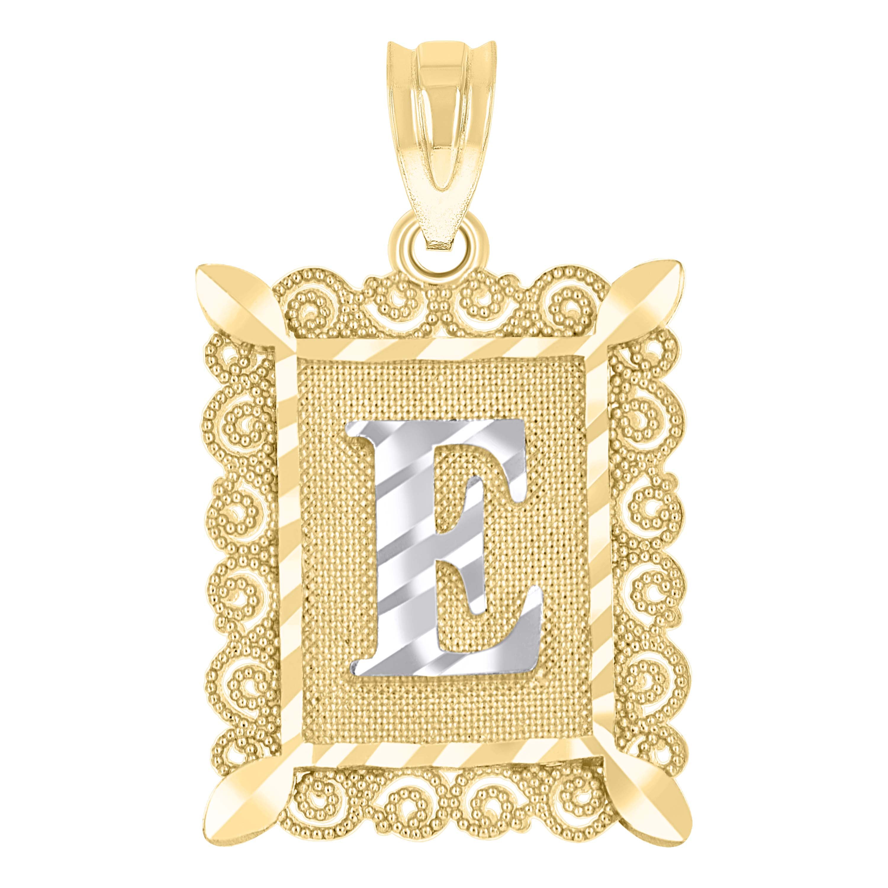10kt Two-Tone Gold Unisex Diamond-Cut Initial E Charm Pendant