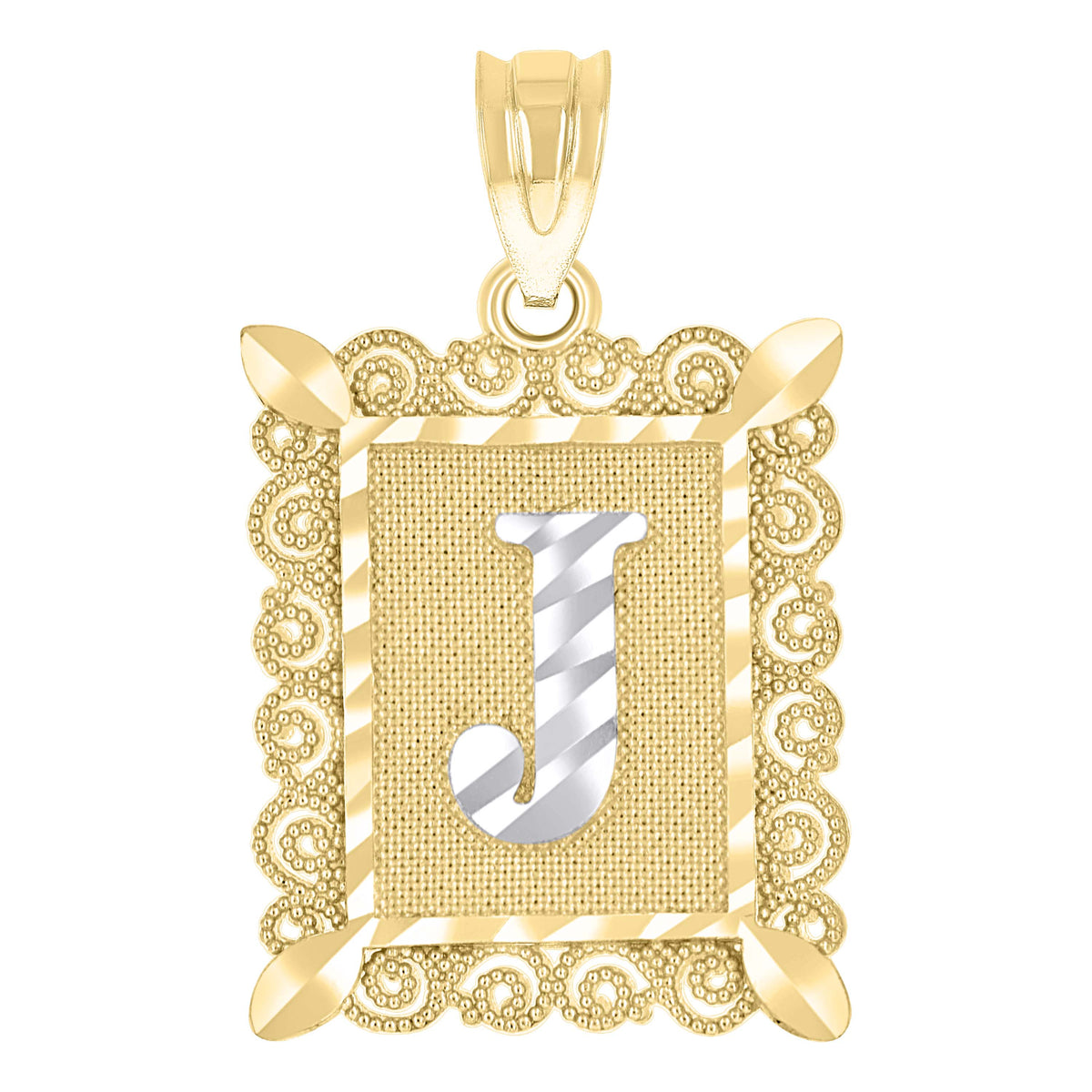 10kt Two-Tone Gold Unisex Diamond-Cut Initial J Charm Pendant