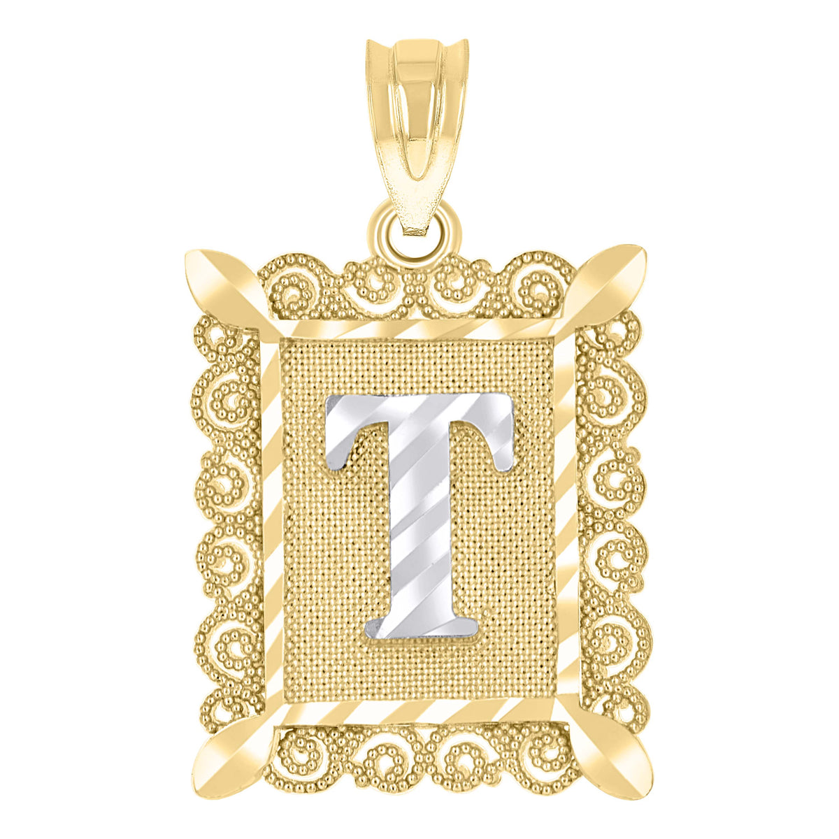10kt Two-Tone Gold Unisex Diamond-Cut Initial T Charm Pendant
