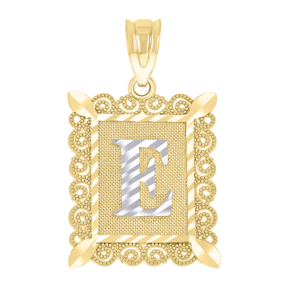 10kt Two-Tone Gold Unisex Diamond-Cut Initial E Charm Pendant