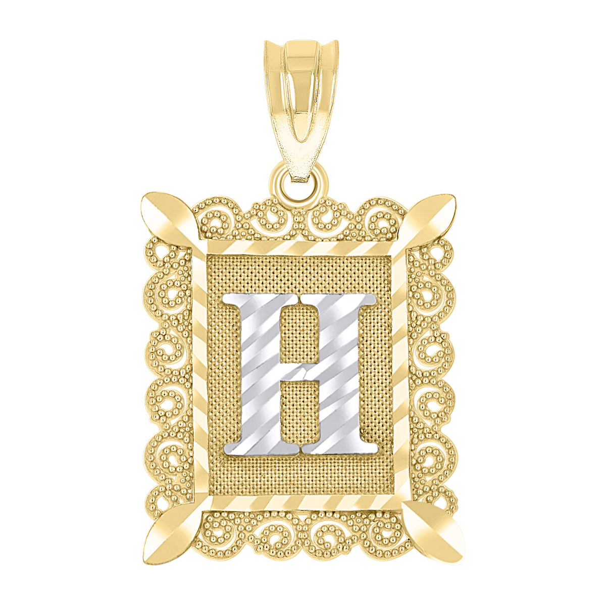 10kt Two-Tone Gold Unisex Diamond-Cut Initial H Charm Pendant
