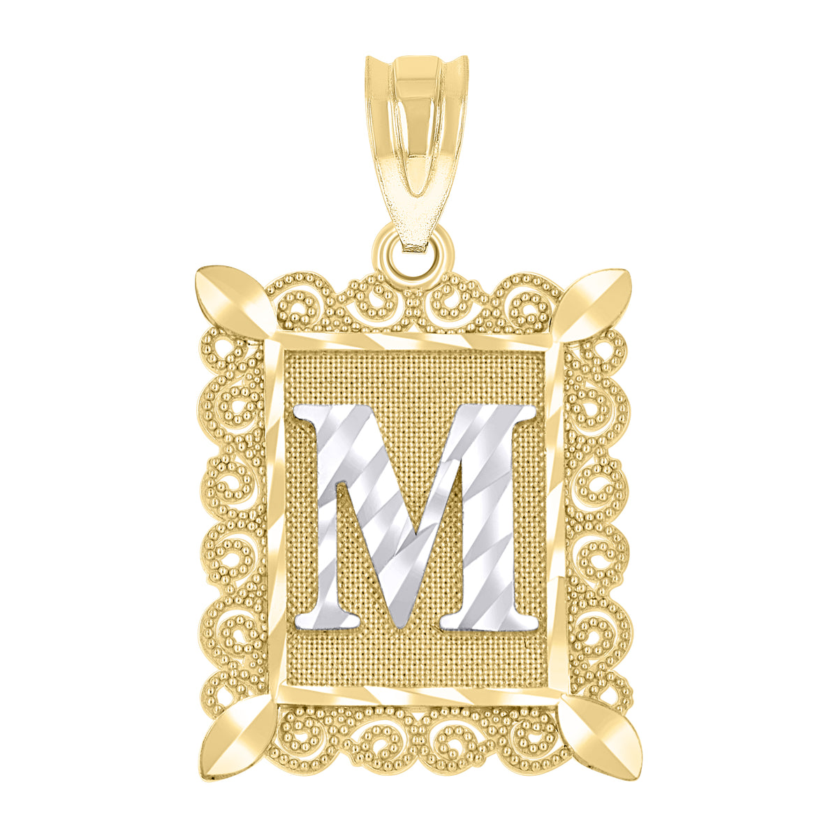 10kt Two-Tone Gold Unisex Diamond-Cut Initial M Charm Pendant
