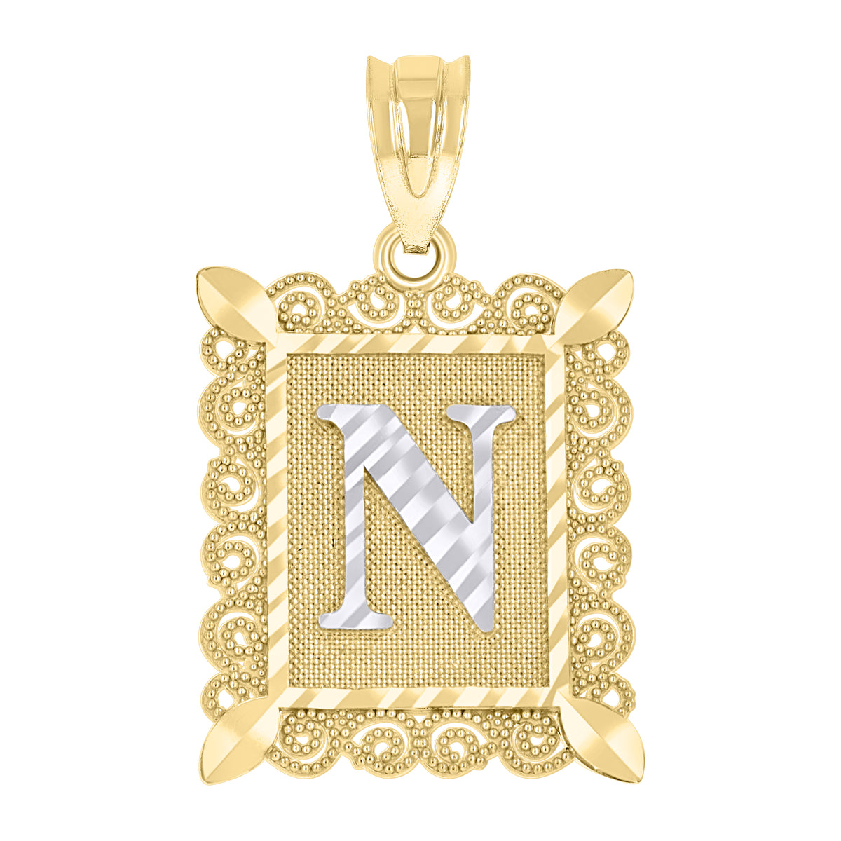 10kt Two-Tone Gold Unisex Diamond-Cut Initial N Charm Pendant