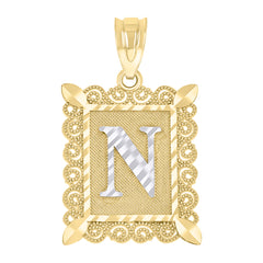 10kt Two-Tone Gold Unisex Diamond-Cut Initial N Charm Pendant