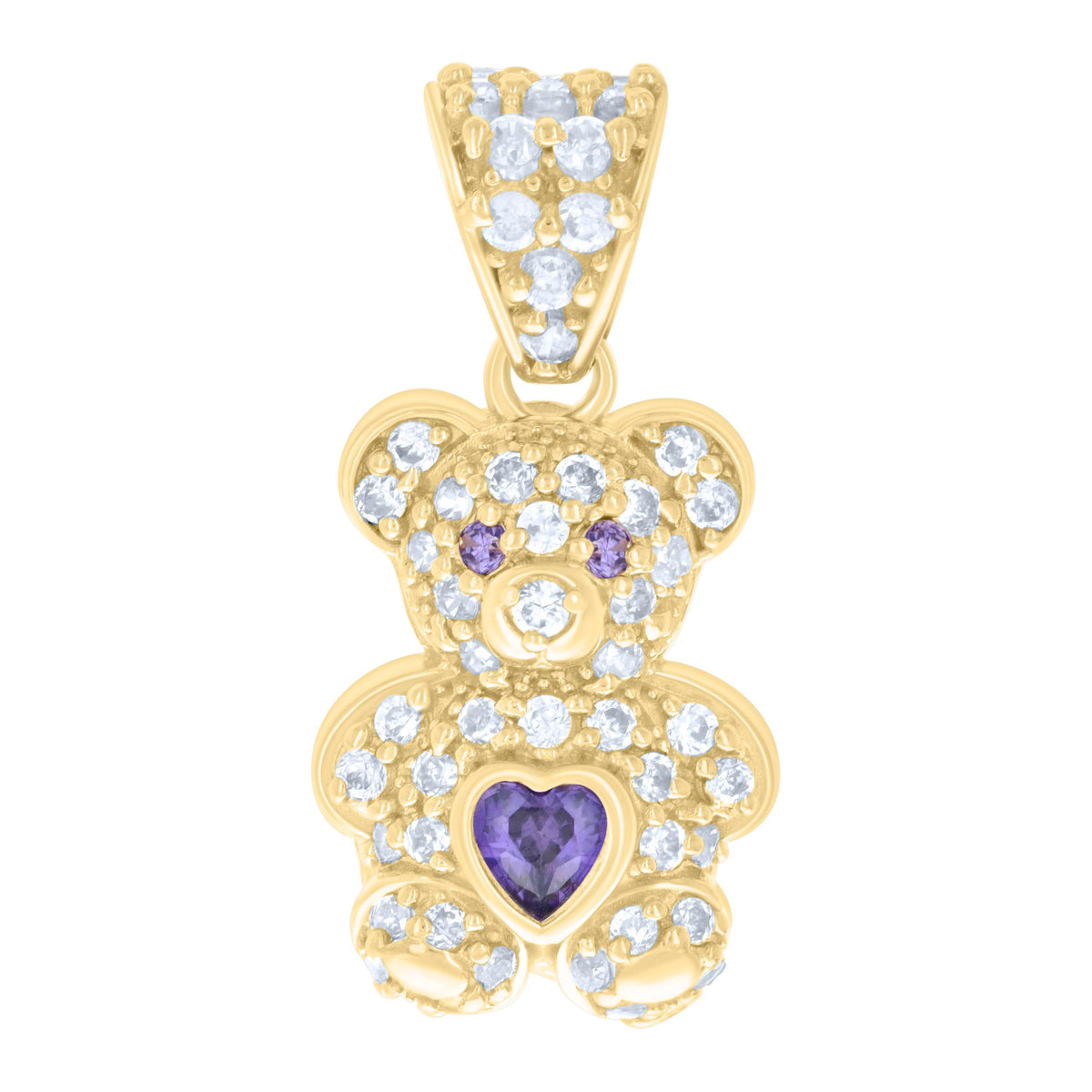 10kt Yellow Gold Womens Purple White Heart Round Cubic-Zirconia February Birthstone Teddy Bear Charm Pendant