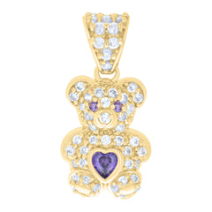 10kt Yellow Gold Womens Purple White Heart Round Cubic-Zirconia February Birthstone Teddy Bear Charm Pendant
