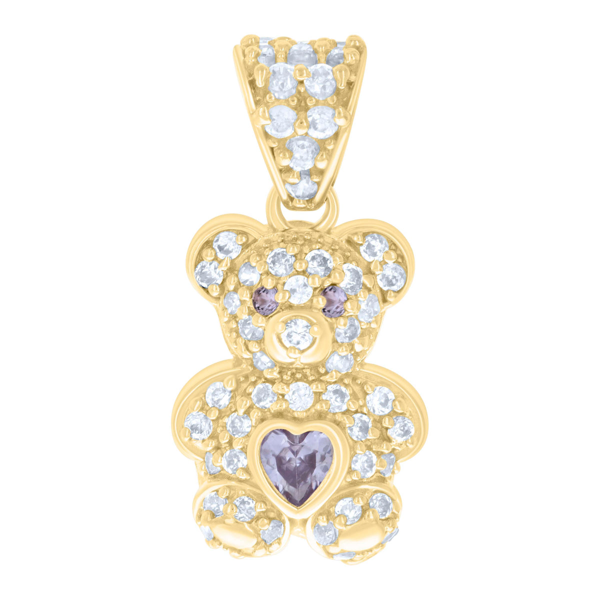 10kt Yellow Gold Womens Purple White Heart Round Cubic-Zirconia March Birthstone Teddy Bear Charm Pendant