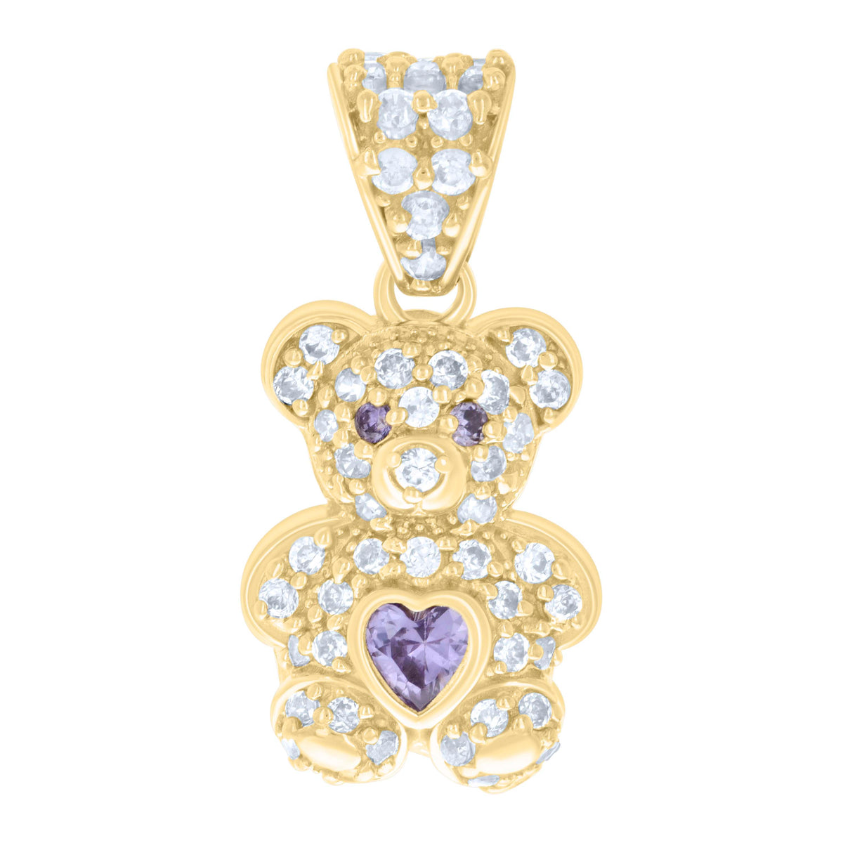 10kt Yellow Gold Womens Purple White Heart Round Cubic-Zirconia June Birthstone Teddy Bear Charm Pendant