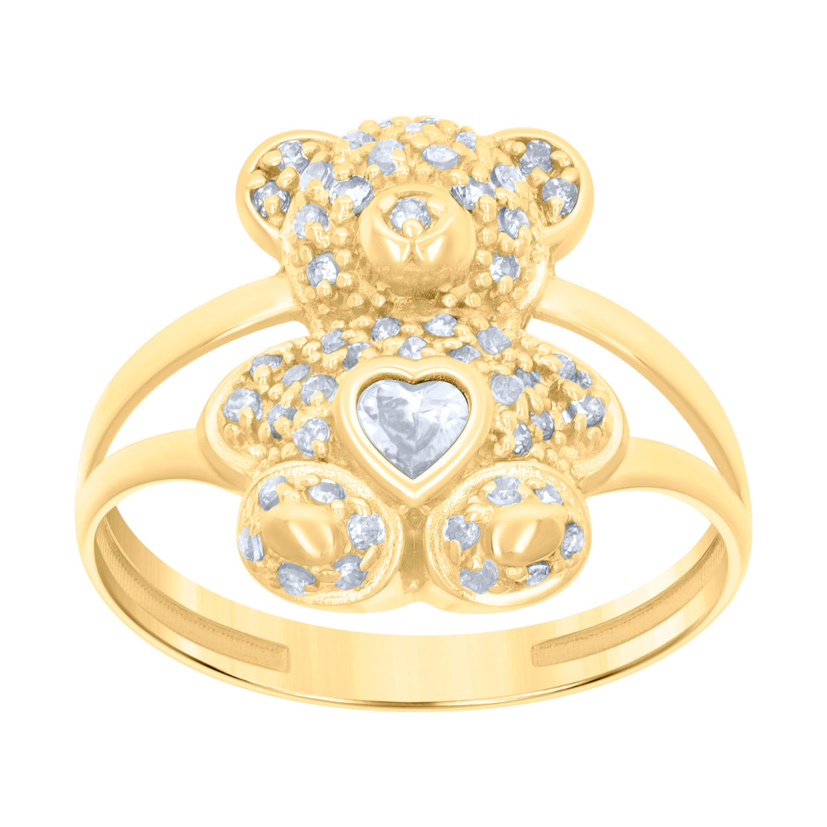 10kt Yellow Gold Womens Heart Round Cubic-Zirconia April Birthstone Teddy Bear Ring
