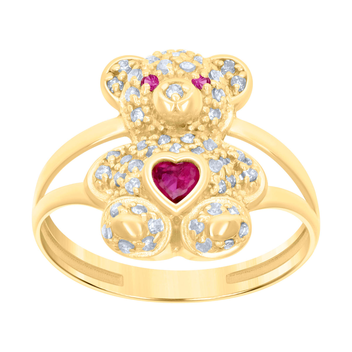 10kt Yellow Gold Womens Red White Heart Round Cubic-Zirconia July Birthstone Teddy Bear Ring