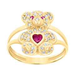 10kt Yellow Gold Womens Red White Heart Round Cubic-Zirconia July Birthstone Teddy Bear Ring
