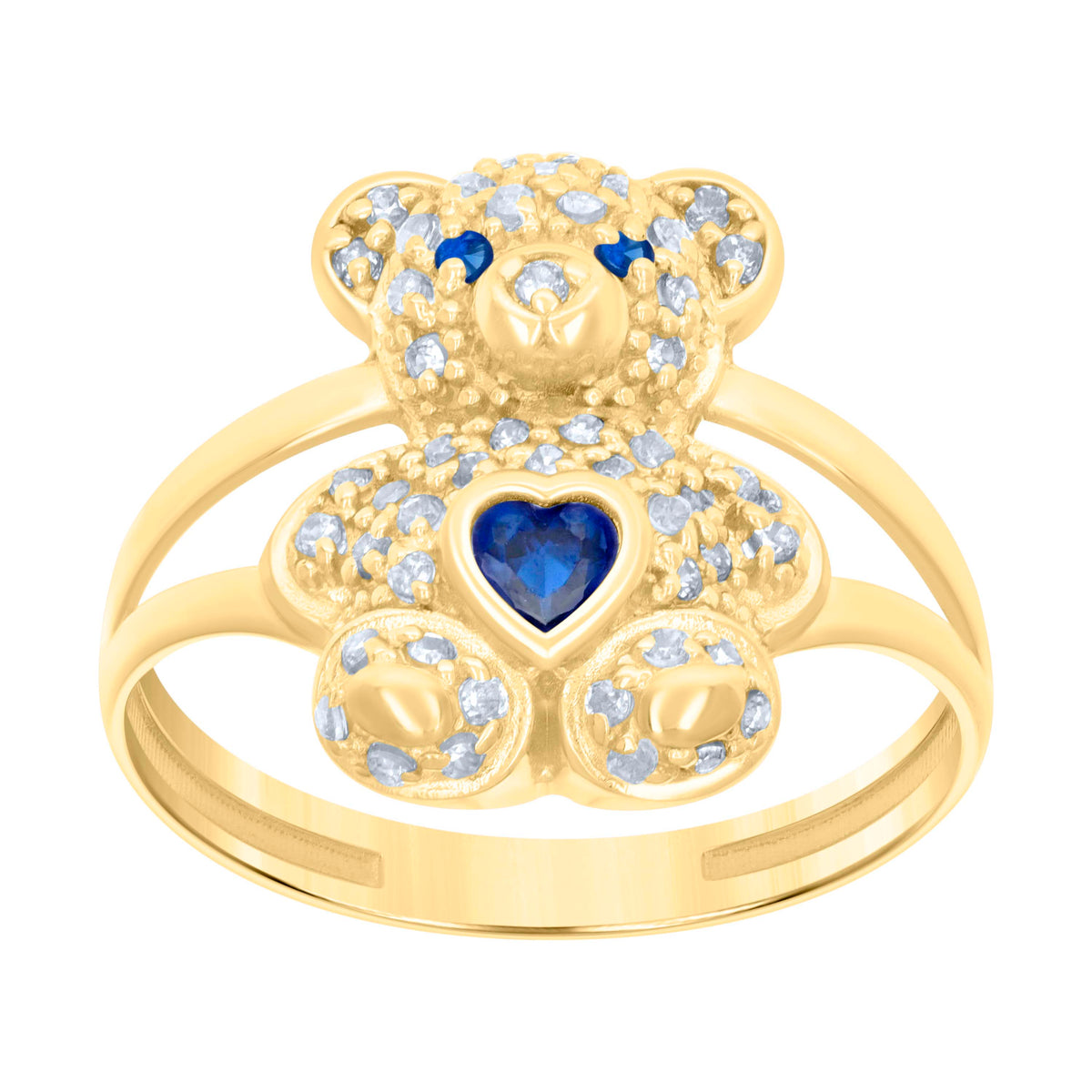 10kt Yellow Gold Womens Blue White Heart Round Cubic-Zirconia September Birthstone Teddy Bear Ring