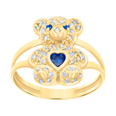 10kt Yellow Gold Womens Blue White Heart Round Cubic-Zirconia September Birthstone Teddy Bear Ring