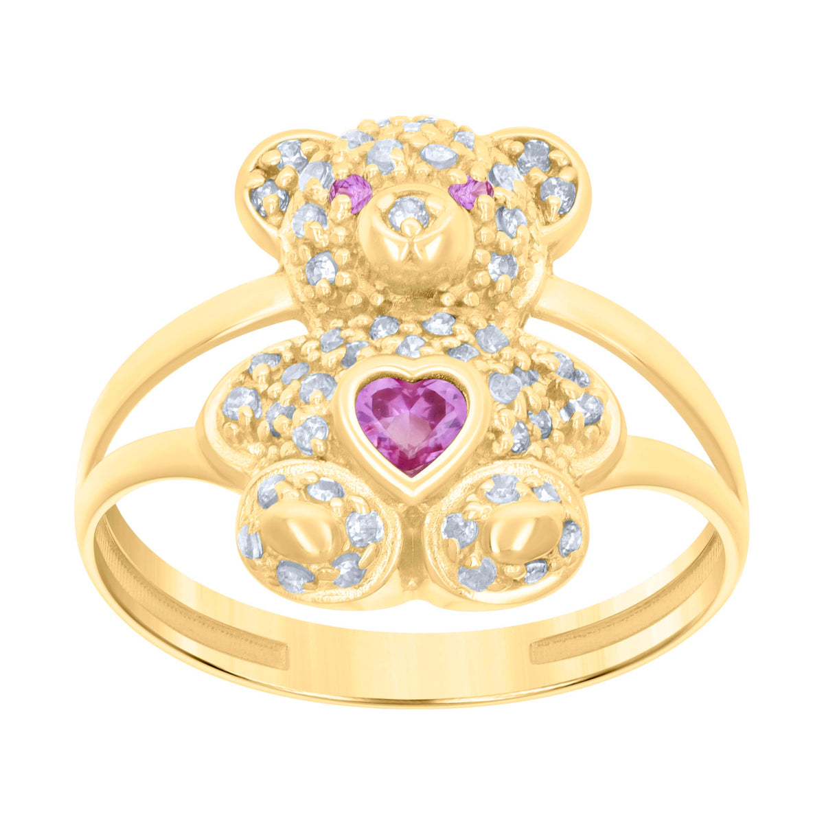 10kt Yellow Gold Womens Pink White Heart Round Cubic-Zirconia October Birthstone Teddy Bear Ring
