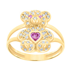 10kt Yellow Gold Womens Pink White Heart Round Cubic-Zirconia October Birthstone Teddy Bear Ring