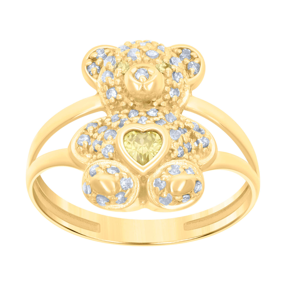10kt Yellow Gold Womens Yellow White Heart Round Cubic-Zirconia November Birthstone Teddy Bear Ring
