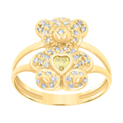 10kt Yellow Gold Womens Yellow White Heart Round Cubic-Zirconia November Birthstone Teddy Bear Ring