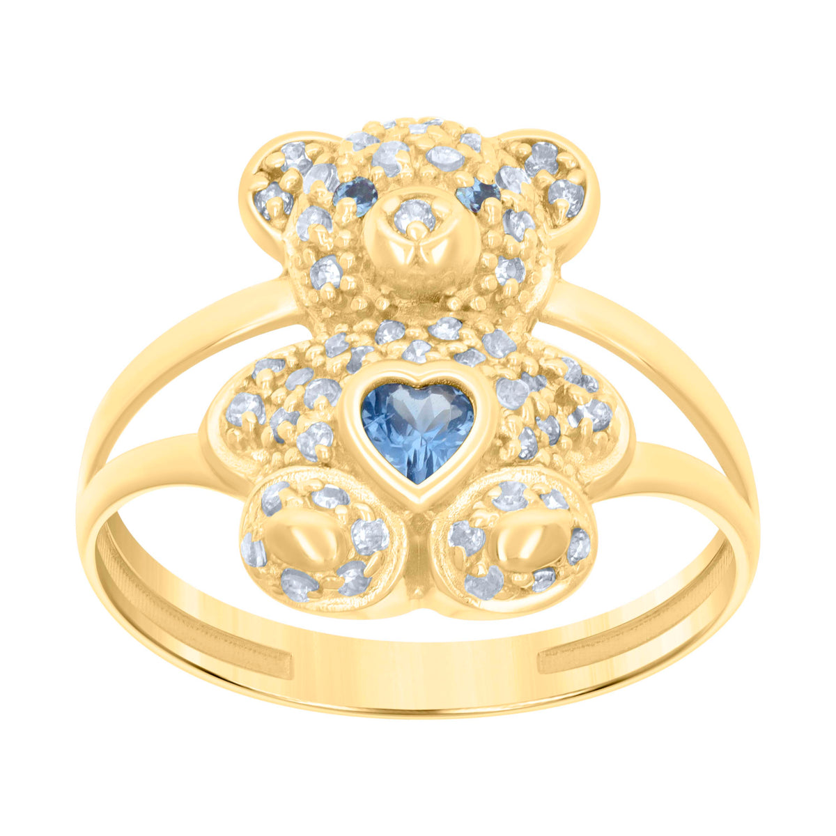 10kt Yellow Gold Womens Blue White Heart Round Cubic-Zirconia December Birthstone Teddy Bear Ring