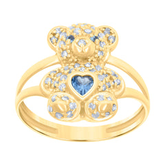 10kt Yellow Gold Womens Blue White Heart Round Cubic-Zirconia December Birthstone Teddy Bear Ring