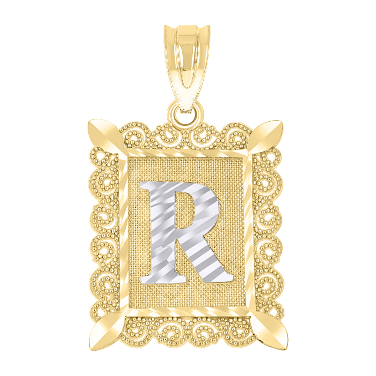 10kt Two-Tone Gold Unisex Diamond-Cut Initial R Charm Pendant