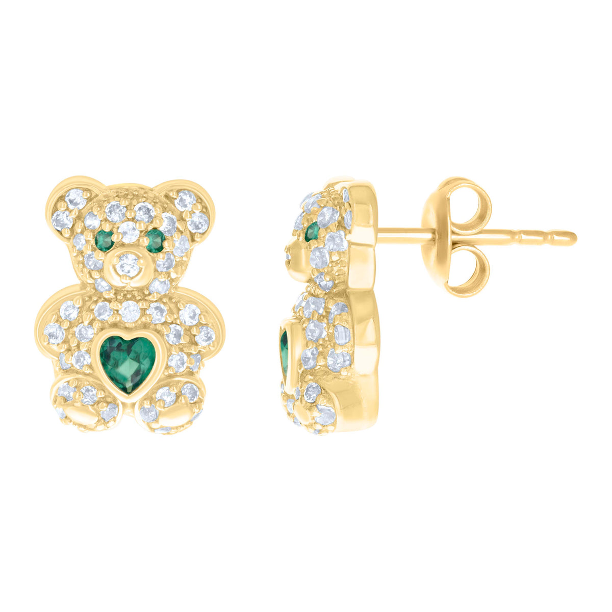 10kt Yellow Gold Womens Green White Heart Round Cubic-Zirconia May Birthstone Teddy Bear Stud Earrings