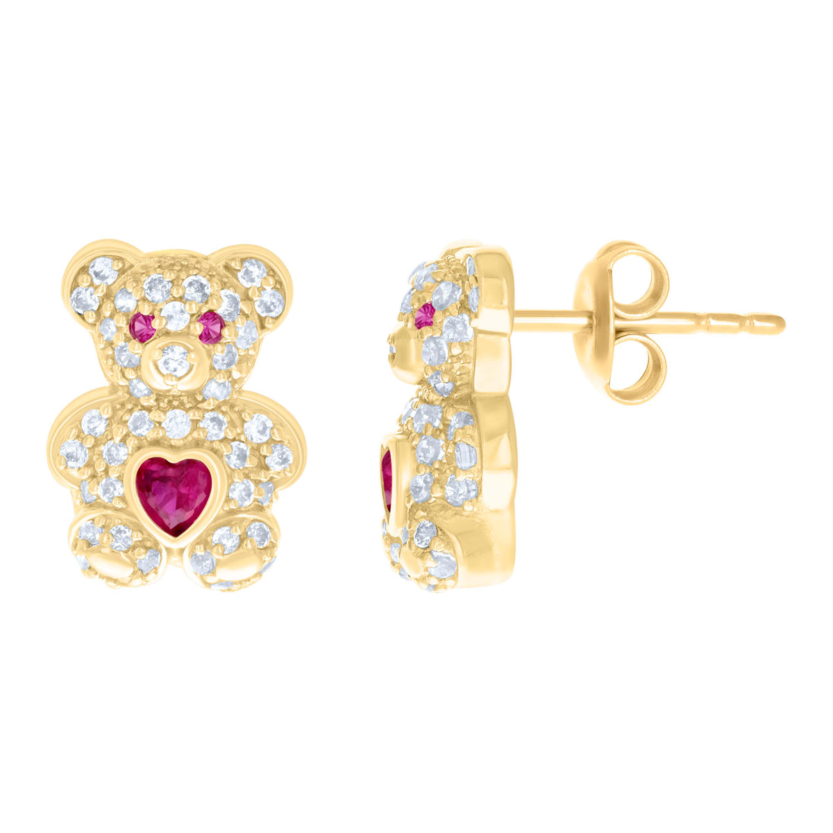 10kt Yellow Gold Womens Red White Heart Round Cubic-Zirconia July Birthstone Teddy Bear Stud Earrings