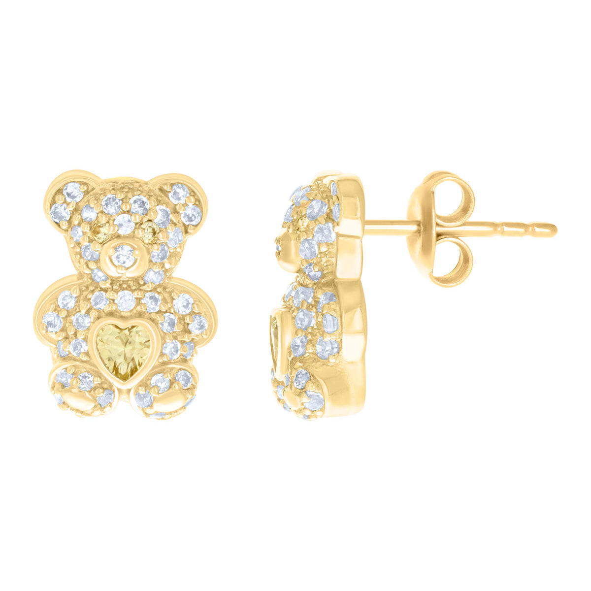 10kt Yellow Gold Womens Yellow White Heart Round Cubic-Zirconia August Birthstone Teddy Bear Stud Earrings
