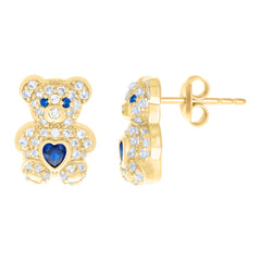 10kt Yellow Gold Womens Blue White Heart Round Cubic-Zirconia September Birthstone Teddy Bear Stud Earrings