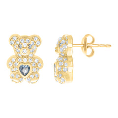 10kt Yellow Gold Womens Blue White Heart Round Cubic-Zirconia December Birthstone Teddy Bear Stud Earrings