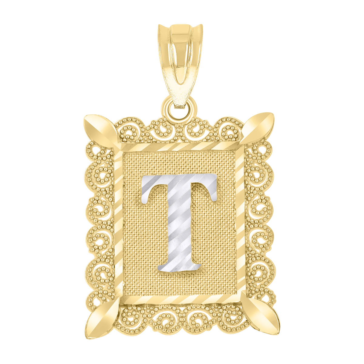 10kt Gold Two-Tone Diamond-Cut Unisex Letter T Initial Charm Pendant