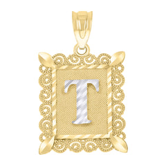 10kt Gold Two-Tone Diamond-Cut Unisex Letter T Initial Charm Pendant