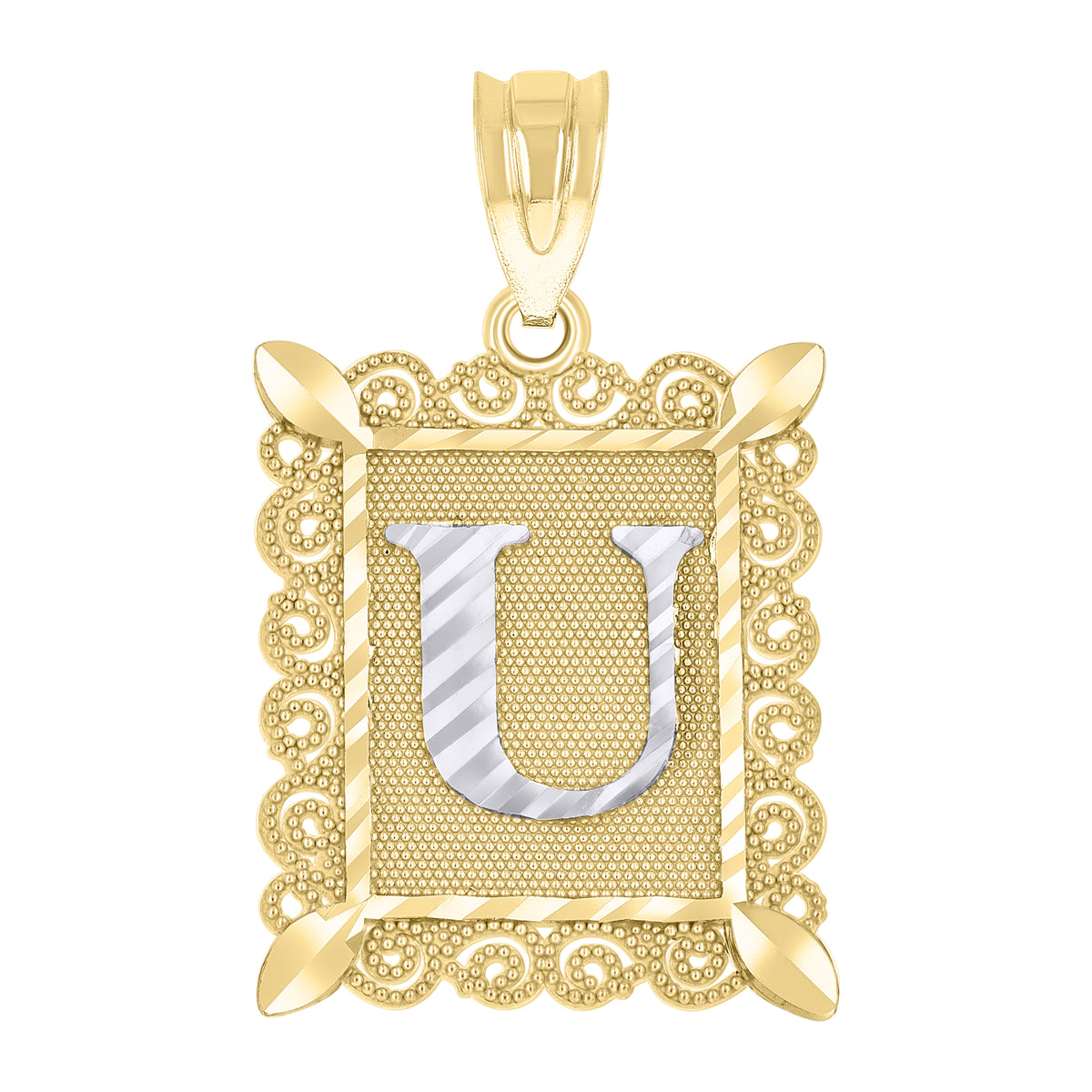 10kt Two-Tone Gold Unisex Diamond-Cut Initial U Charm Pendant