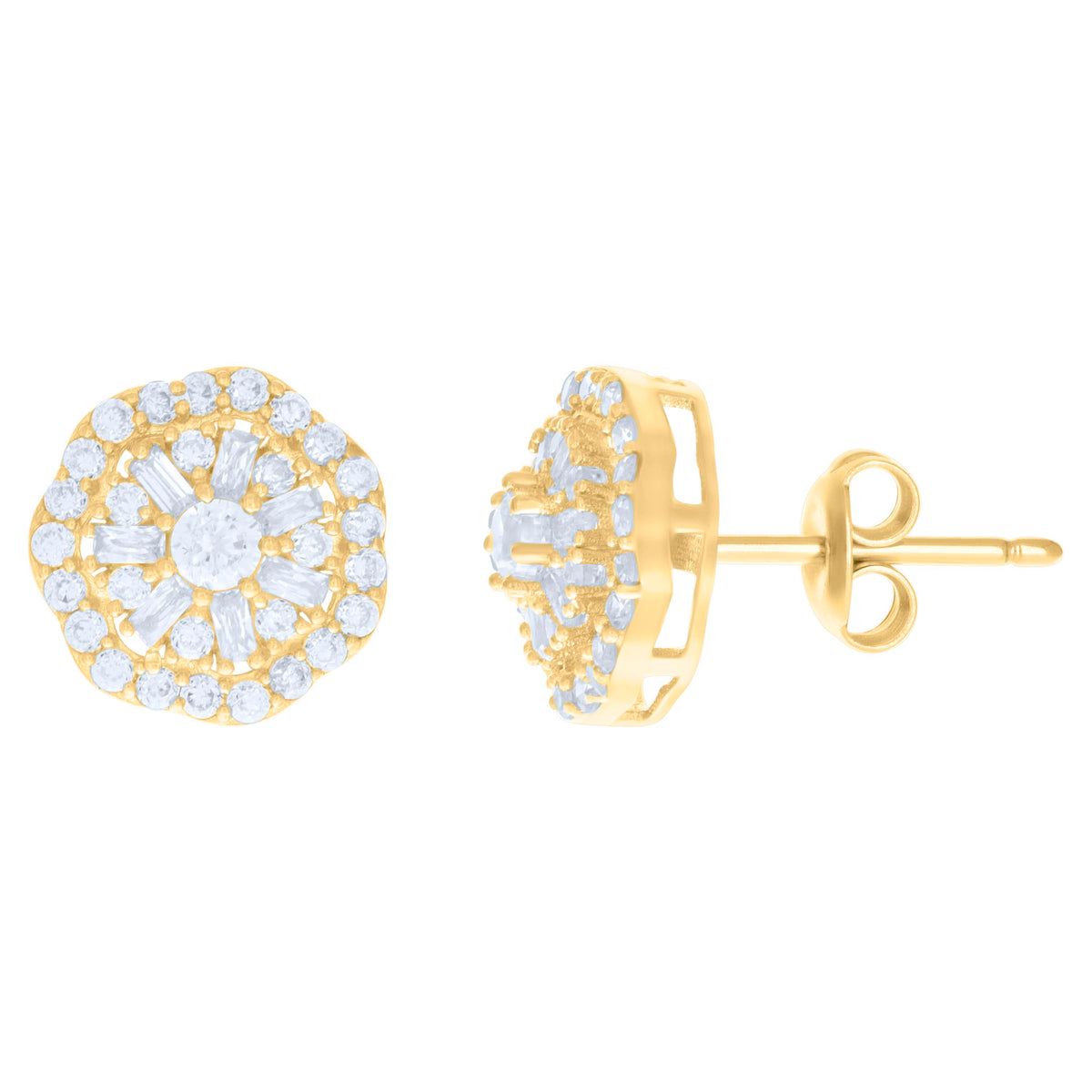 10kt Yellow Gold Womens Baguette Round Cubic-Zirconia Octagon Fashion Stud Earrings