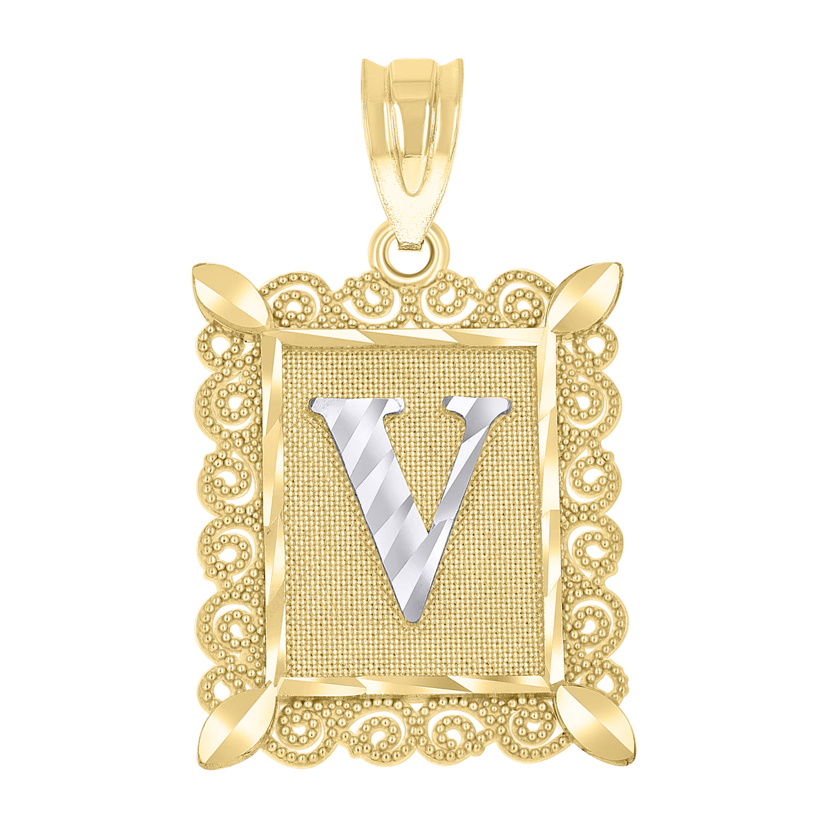 10kt Two-Tone Gold Unisex Diamond-Cut Initial V Charm Pendant