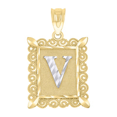 10kt Two-Tone Gold Unisex Diamond-Cut Initial V Charm Pendant